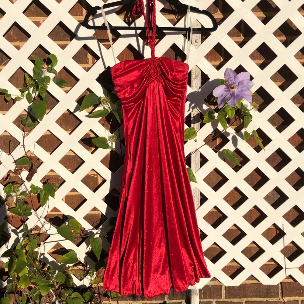 Red sparkly knee length halter gown size S